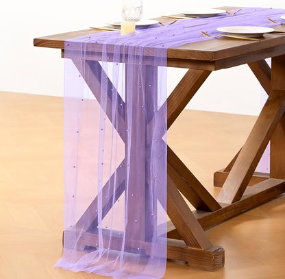 Pearl Table Runner Summer Tulle Gauze Sheer Wedding Party Home Decor | Purple - Image 4