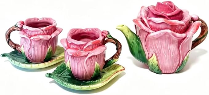 Ceramic Rose Tea Pot Set, 3D Hand-painted Rose Red Flower Cup and Green Leaves by Minigift