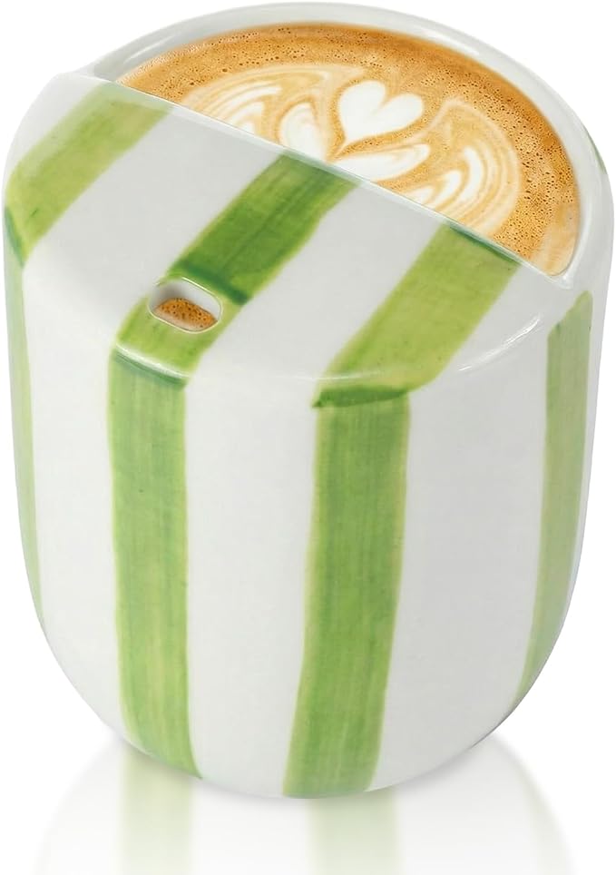 Ceramic Mug with Sip Hole 10 oz Novelty Green Striped Ceramic Coffee Mug Hand by Ferrochef