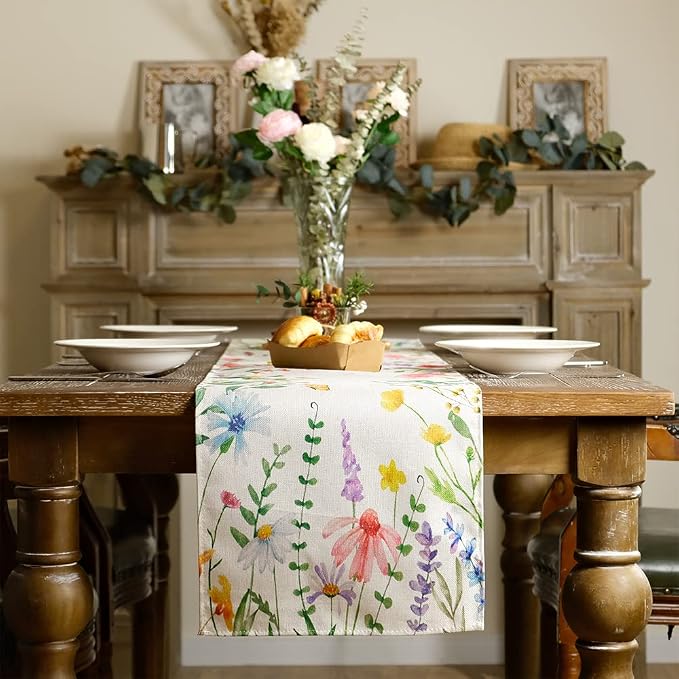 Spring Table Runner 13x108 Inch Watercolor Wild Flower Farmhouse Rustic Holiday - Image 2