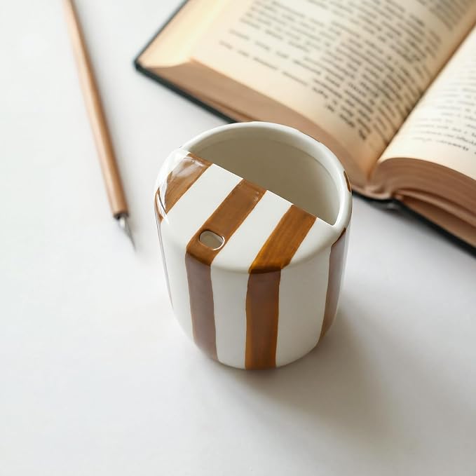 Ceramic Mug with Sip Hole 10 oz Brown Striped Ceramic Coffee Mug Hand Painted - Image 4