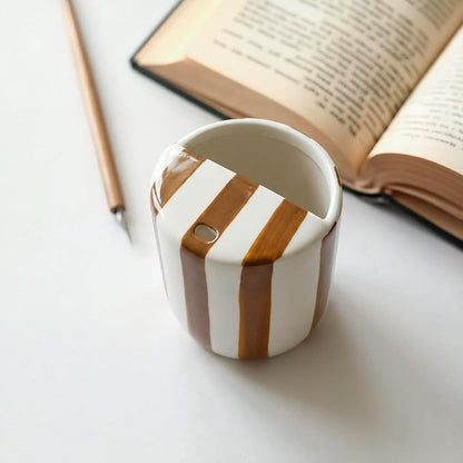 Ceramic Mug with Sip Hole 10 oz Brown Striped Ceramic Coffee Mug Hand Painted - Image 4
