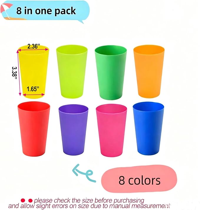 Set of 8, Mini Plastic Cups, Reusable Open Cups in 8 Colors, Stackable Water - Image 2