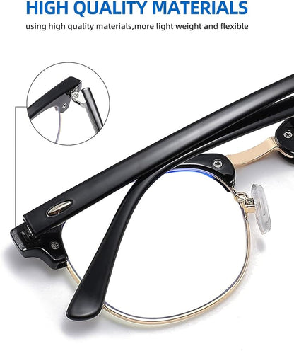 SOAR&EAGLE 3 Pack Blue Light Blocking Glasses,Computer Gaming Glasses,Retro Semi Rimless UV400 Clear Lens Computer Eyewear For Men/Women (Bright black gold/Amber gold/Crystal gold)