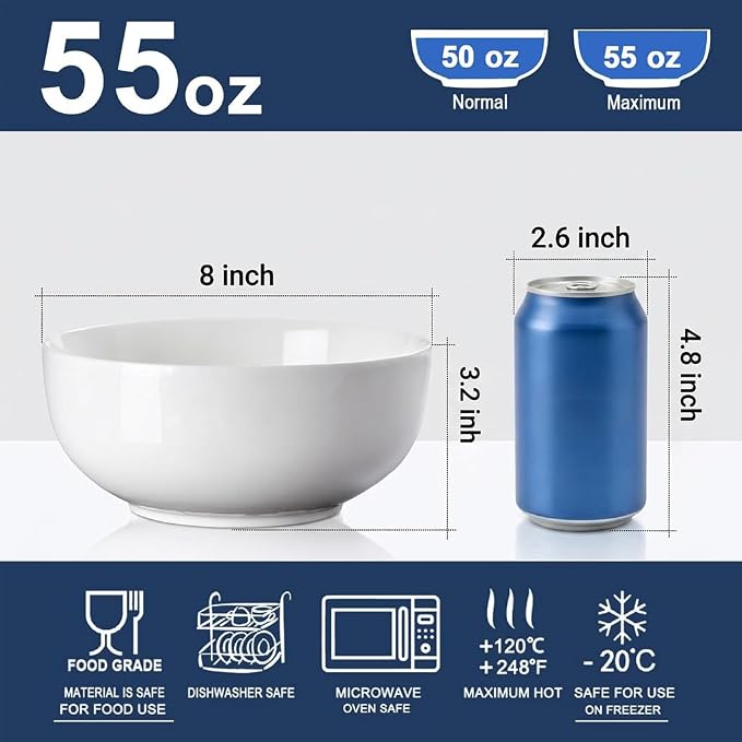 60 oz Large Soup, and Salad Bowl Set of 3, 8 in White Ceramic Bowls, Versatile - Image 2
