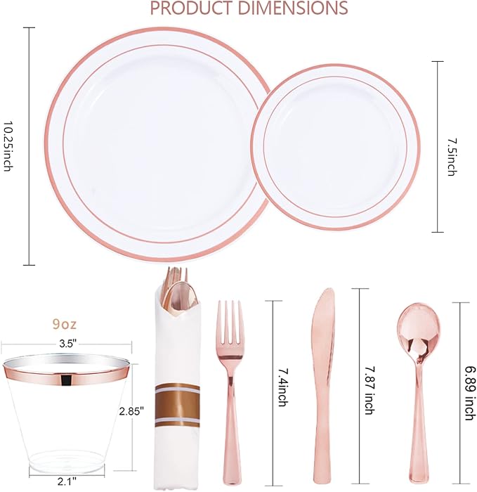 WELLIFE 350 Pieces Rose Gold Plastic Dinnerware, 50 Guests Disposable Plates - Image 2