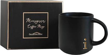 COLLECTIVE HOME Black Ceramic Coffee Mug, 15 oz Golden Monogram Tea Cup | - Image 2