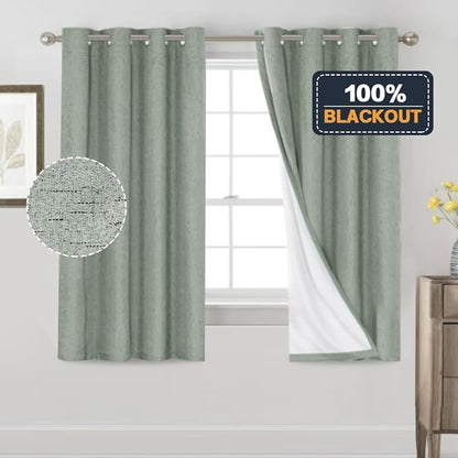 PrinceDeco Blackout Curtains 63 Inch Length 100% Blackout Linen Curtains with White Liner Thermal Insulated Textured Blackout Curtains for Windows 2 Panels Set,52" W x 63" L,Green Bay
