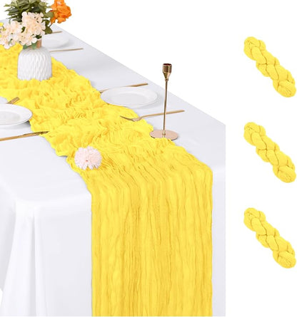 3 Pack Lemon Yellow Cheesecloth Table Runner, 17 x 108 inch, Semi Sheer Boho by ACSUIT