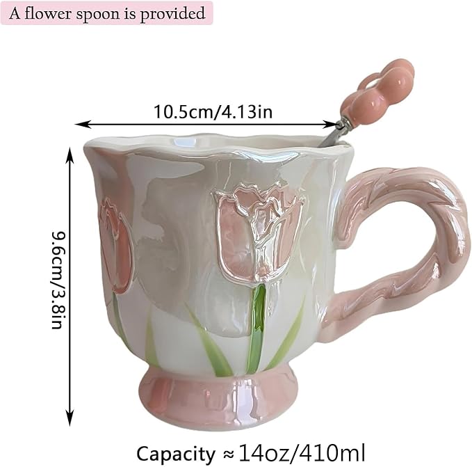 Ceramic Coffee MugEspresso Cup 14oz Pink Cute Flower withSpoon | novelty coffee - Image 2