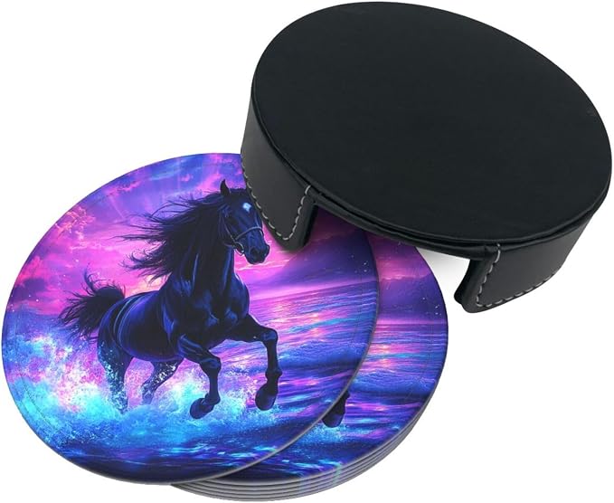 Horse Coasters for Drinks Set of 6, Round Leather Coaster - Image 9