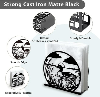 Mallard Duck Decorative Black Metal Napkin Holder for Table, 5.3" x 4.9" x 1.9" Duck Animal and Reed Standing Napkin Holder for Home Kitchen Restaurant Picnic Party Coffee Bar Dining Room