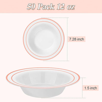 BESTSTAR 50 Pack Disposable Soup Bowls with Rose Gold Rim, 12oz Premium Heavy Duty Plastic Dinner Bowls for Party, Valentine's Day, Wedding and Holiday