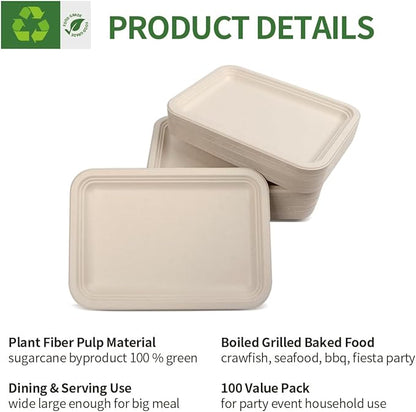 100 Pack 14 inch Large Disposable Food Trays for Crawfish Seafood Boil BBQ Dessert, Large Paper Plates 14 inch Heavy Duty Disposable Serving Trays for Seafood Boil Party