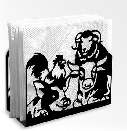 Farm Animals Decorative Black Metal Napkin Holder for Table, 5.3" x 4.5" x 2" Pig Sheep Chickens Cow Standing Napkin Holder for Home Kitchen Restaurant Picnic Party Coffee Bar Dining Room