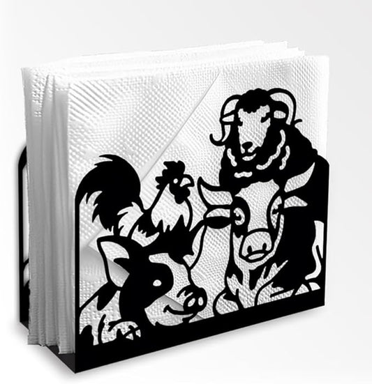 Farm Animals Decorative Black Metal Napkin Holder for Table, 5.3" x 4.5" x 2" Pig Sheep Chickens Cow Standing Napkin Holder for Home Kitchen Restaurant Picnic Party Coffee Bar Dining Room