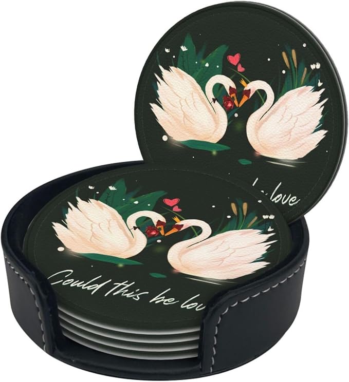 Drink Coasters with Holder Stand Set of 6, Swan Pu Leather Absorbent Coasters - Image 8