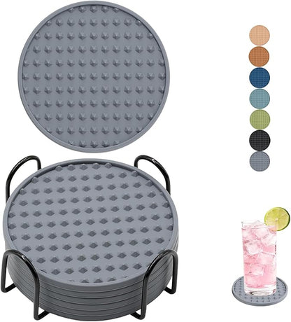 Set of 6 Silicone Coasters, 4'' Drink Coaster with Holder, Round Coasters for Drinks Beer Coffee Home Office Bar Desk Tabletop Protection, Non-Slip Rubber Coaster (Grey, 6 Pcs-Metal Holder)