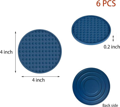 Set of 6 Silicone Coasters, 4'' Drink Coaster with Holder, Round Coasters for Drinks Beer Coffee Home Office Bar Desk Tabletop Protection, Non-Slip Rubber Coaster (Navy Blue, 6 Pcs-Plastic Holder)