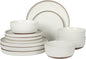 Gibson Elite Northrock Stoneware Dinnerware Set, 12-Piece Service for 4 Plates and Bowls Set – White Dishes with Hand-Painted Terracotta Base