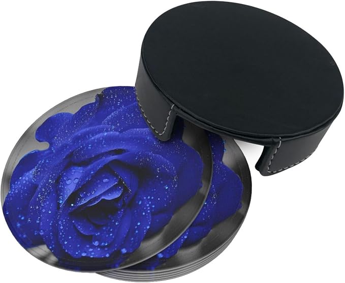 6 Pcs Blue Rose Flower Leather Coasters - Image 5