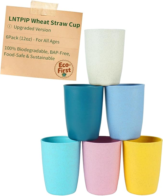 Wheat Straw Colored 6 Pack Kids Cups 12 OZ | Reusable Open Drinking Glasses BPA by HOME