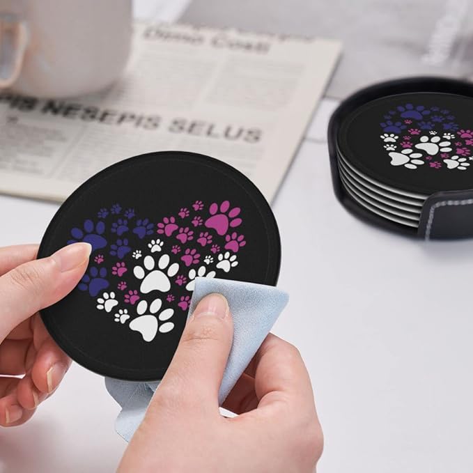6 Pcs Cat Dog Paw Prints Heart Leather Coasters - Image 6