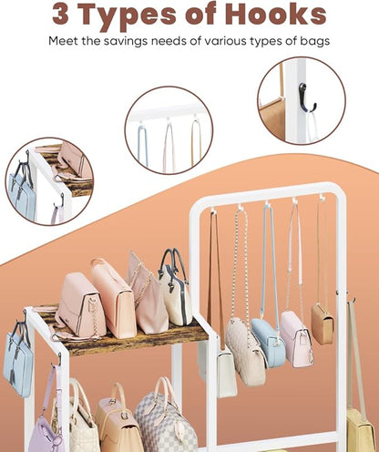 Floor-Standing 3-Tier Purse Organizer, High-Capacity Bag Holder with 8 Hooks, Multi-Functional Purse Rack for Various Bags, Handbag Display Stand Shelf for Closet, Bedroom, Entryway, White