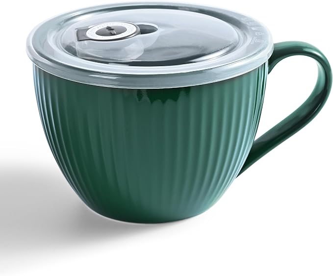 24oz Soup Mug with Handle & Lid, Microwave Soup Bowl/Cup, Forest Green | by Hoilse