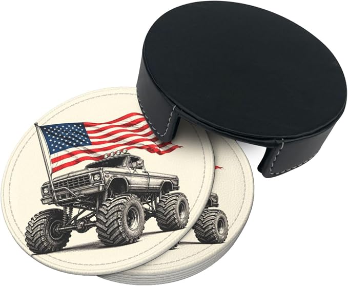 Patriotic Monster Truck Flag Art Leather Coasters Set of 6 - Image 3