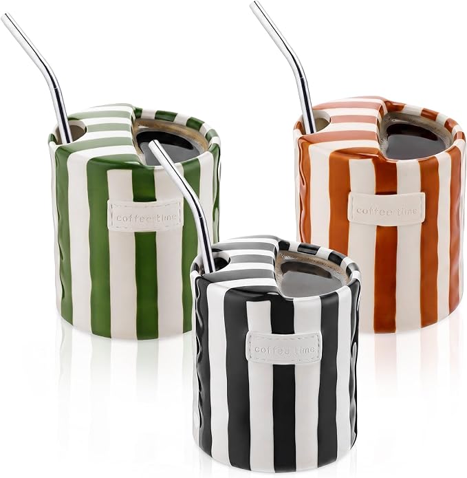 10oz Ceramic Coffee Mug Set of 3 Retro Striped Coffee Cups by Ferrochef