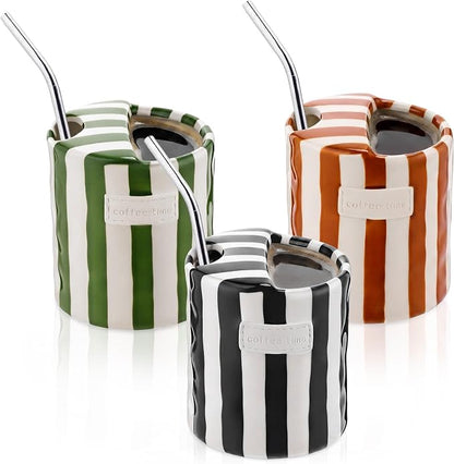 10oz Ceramic Coffee Mug Set of 3 Retro Striped Coffee Cups by Ferrochef