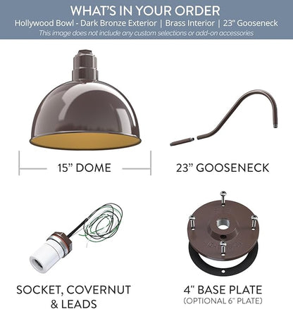 Steel Lighting Co. Hollywood Bowl Light | Outdoor Wall Mounted | 15 inch Bowl Dome | 23" Gooseneck | Barn Light Made in America | Dark Bronze Exterior/Brass Interior