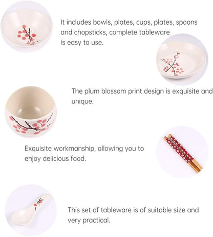 Hemoton Japanese Tableware Set for Single Person - 7-Piece Ceramic Dinnerware with Bowl Plate Cup Spoon and Chopsticks Floral Design Practical Household Tableware 7.08X7.08X1.18 Inches