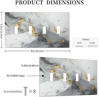 Light Switch Cover Gray/Gold Marble Abstract Modern Luxury 4 Gang Switch Plate Quad Toggle Wall Plates Decorative Switchplate Electrical Outlet Cover for Bathroom Bedroom Decor