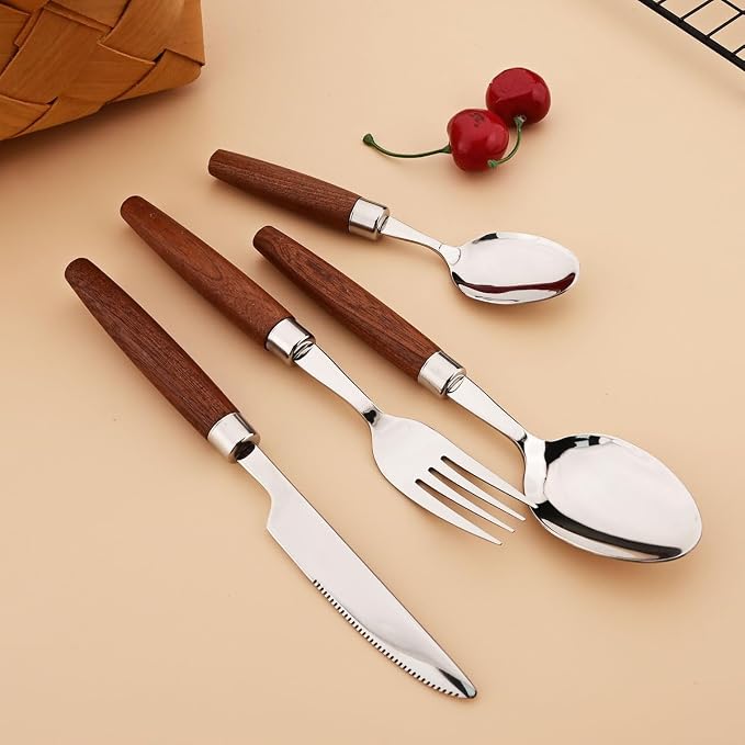 4-Piece Wooden Handle Silverware Set, BRIIEC 304 Stainless Steel Flatware Set - Image 2