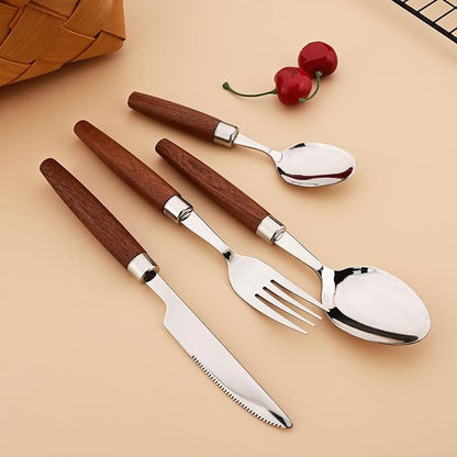 4-Piece Wooden Handle Silverware Set, BRIIEC 304 Stainless Steel Flatware Set - Image 2