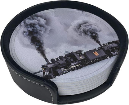6 Pcs Winter Train Braving Smoke On Black Railroad Tracks Leather Coasters - Image 2