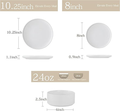 12 Piece Ceramic Dinnerware Set for 4, Modern Minimalist Stoneware Dinner Plates and Bowls, Microwave Safe, Dishwasher Safe, Versatile for All Seasons, Matte White