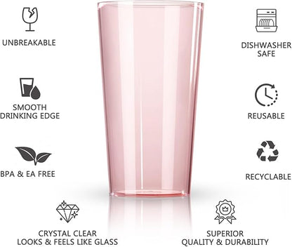Liacere Plastic Drinking Glasses Set of 12-18oz Highball Pink Reusable Plastic Glasses Colors, Water Glasses Cups,Tumbler Glassware Set for Beer, Juice, Cocktail, Milk for Mother's Day Valentine’s Day