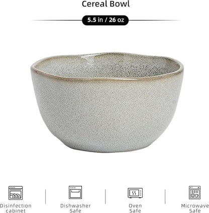 Organic Shape Highland Ceramic Cereal Bowl, 6pcs 5.5 Inch Reactive Glaze Stoneware Rice bowl with Wavy Edge, for Kitchen, Microwave & Dishwasher Safe, Scratch Resistant-grey
