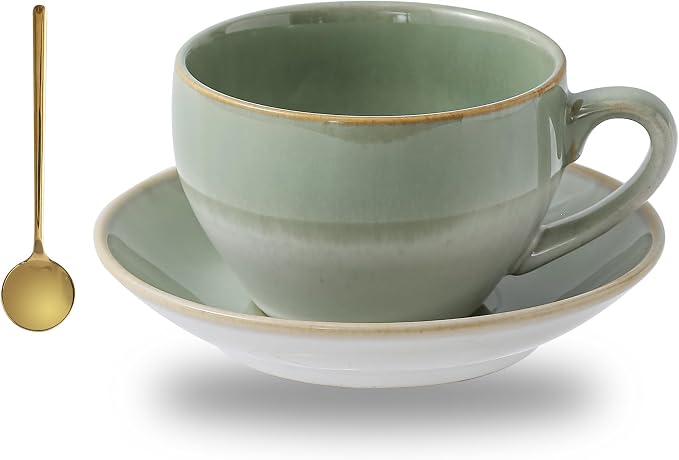 Porcelain Coffee Cup with Saucer Spoon, Vintage Design Ceramic Latte Art by Tvvtuww