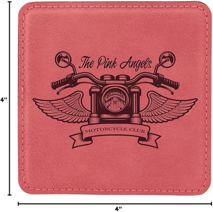 Custom Engraved Coasters | Personalized Leather Coaster | Set of 6 | Drink Coasters with Holder | Laser Engraved | Tabletop Protection | Gift for Couples (Square 4" x 4", Pink w/Black)