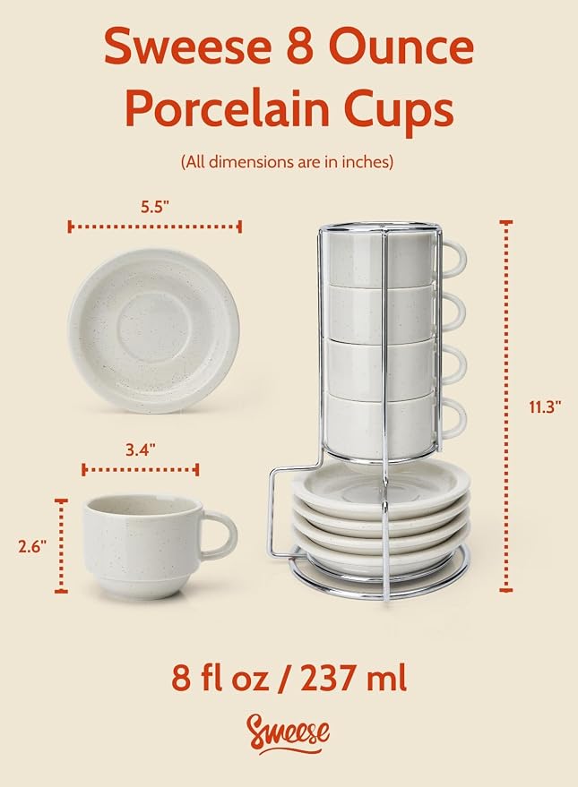 Sweese Porcelain Cappuccino Cups Set - 8 oz Stackable Coffee Mugs - Image 2