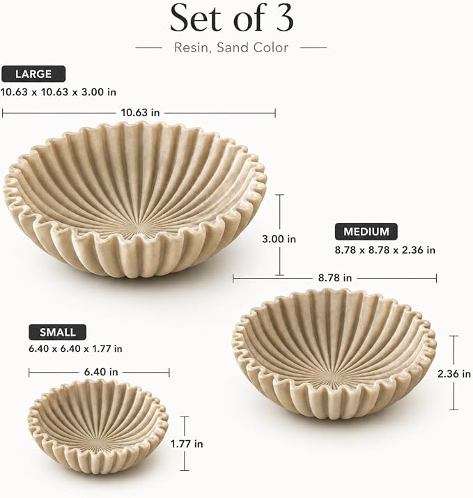 Decorative Bowl Set of 3, Fluted Resin Bowls - Image 2
