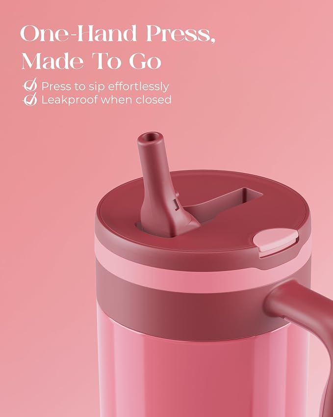 40 oz Insulated Tumbler with Handle and Push-Button Straw Lid, Stainless Steel - Image 3
