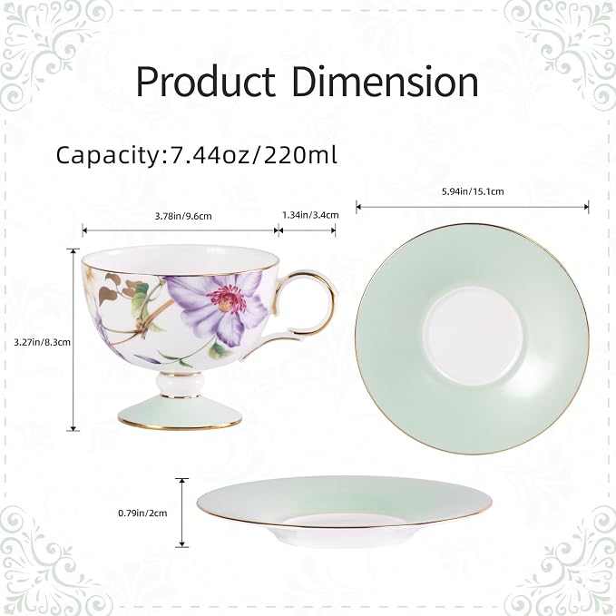 KAMMAK Tea Cups Set of 2, Ceramic Floral Pattern Demitasse Cup | Porcelain - Image 2