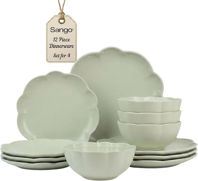 Sango 12 Pieces Scalloped Dinnerware Set, Sage Green Dishes by Sango