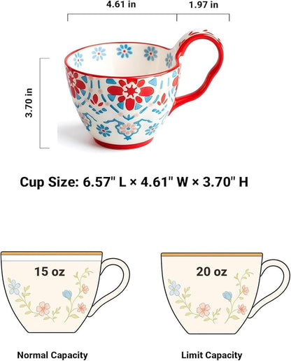 25oz Ceramic Soup Bowl with Handle – Handcrafted Floral Pottery Cereal & Ramen Bowl – Large Microwave & Dishwasher Safe Decorative Bowl for Everyday Use or Gift (Crimson Frost, 20oz)