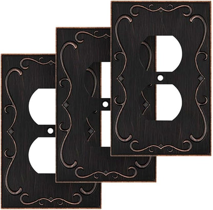 French Cabriole Decorative Wall Plate Switch Plate Outlet Cover (Single Duplex, 3 Pack, Aged Bronze)